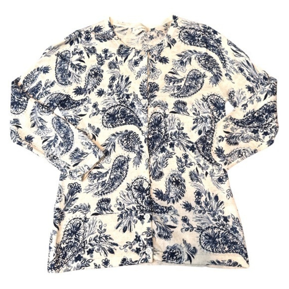 Women’s Garnet Hill Merino Wool Printed Cardigan, white & blue size xs